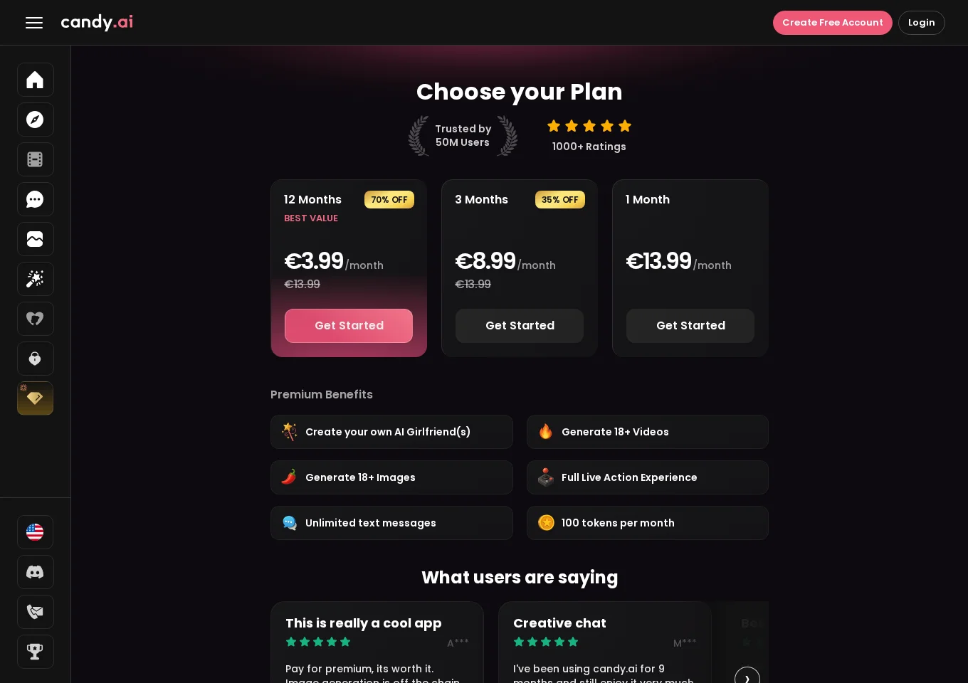Candy AI subscription page showing euro prices for twelve, three and one month plans