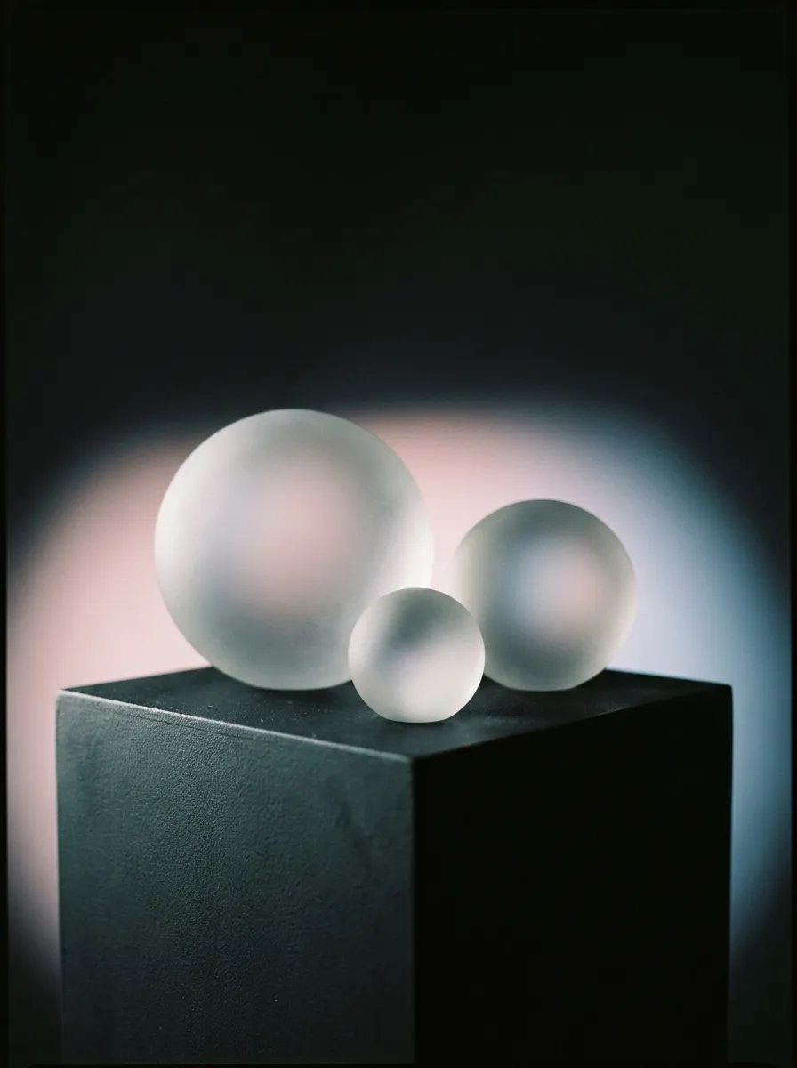 Abstract editorial still life, three glass spheres in soft light